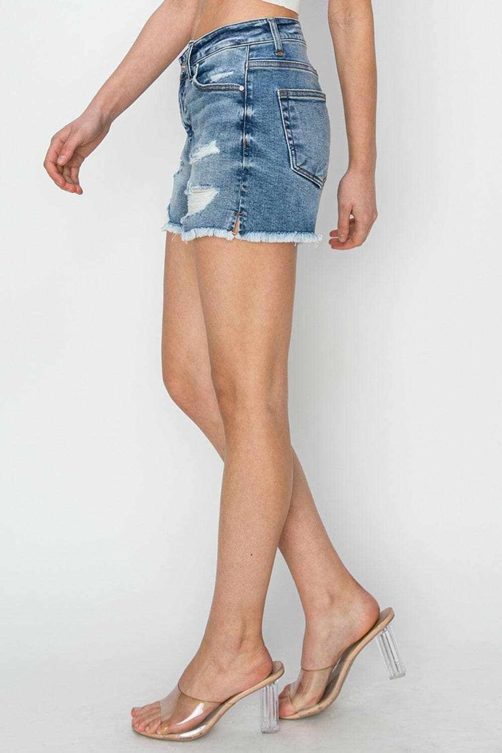 Premium Risen frayed denim shorts, stepped waist