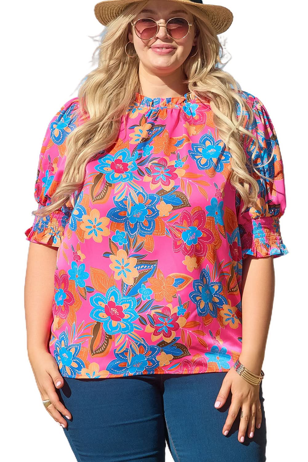 Rose plus floral blouse - frilly neck, puff sleeves