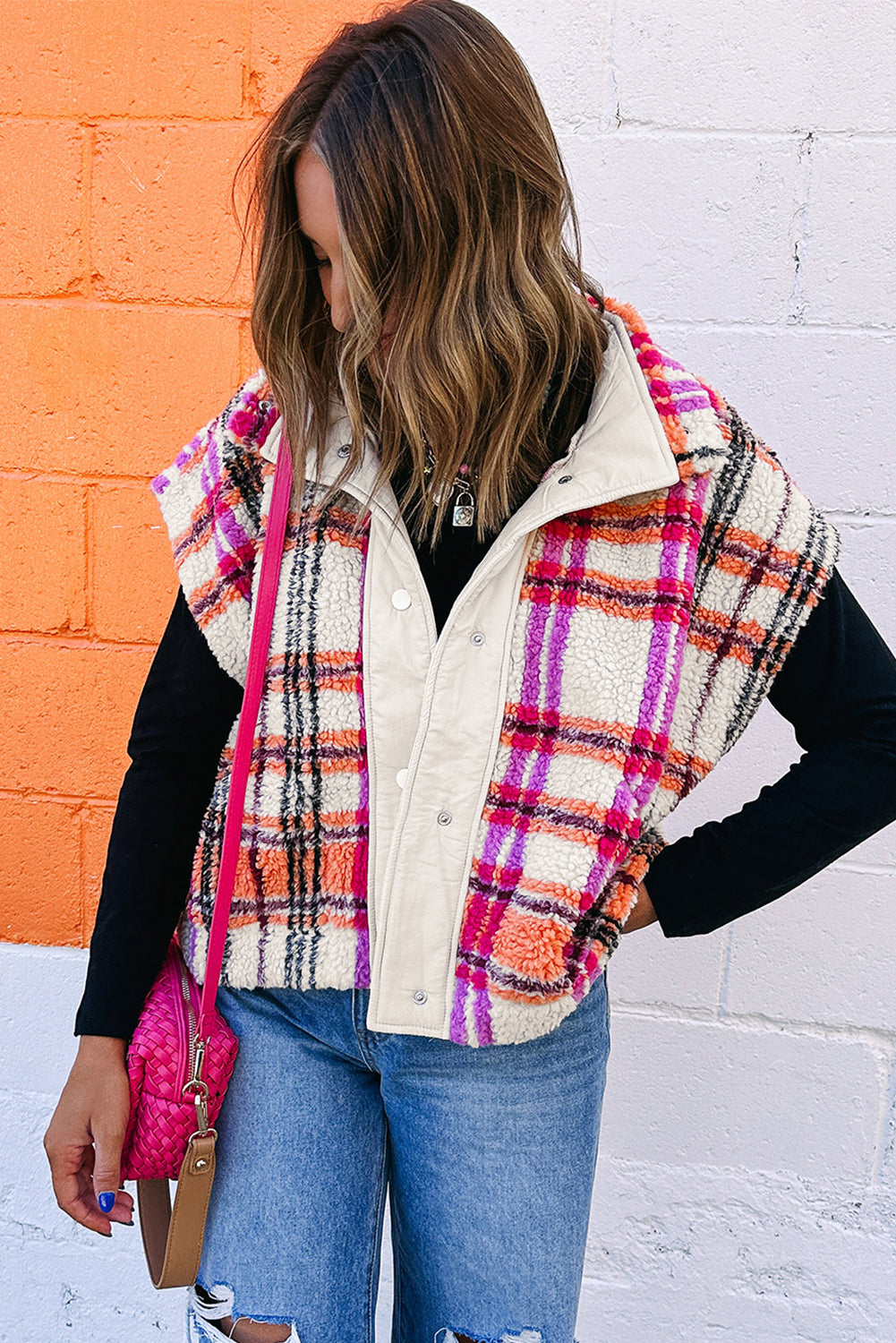 Rose Sherpa Plaid Jacket Vest