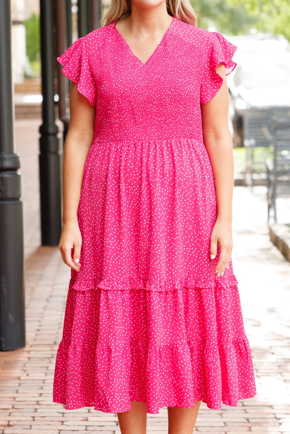 Rose Polka Dot Print Ruffled Smocked Plus Size Midi Dress