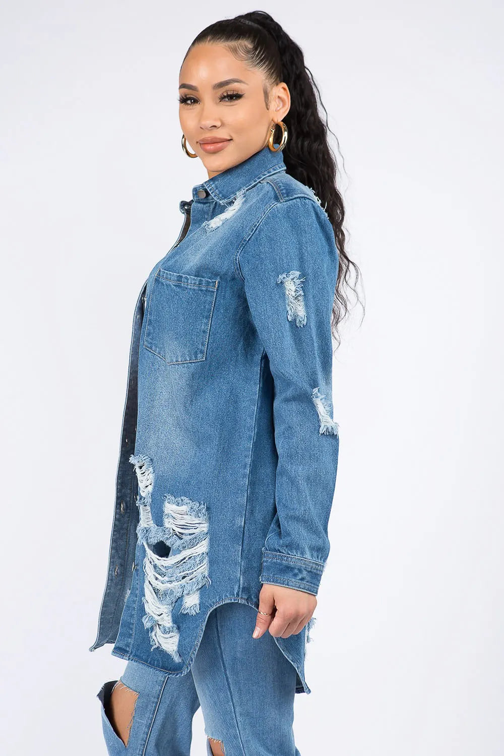 Trendsi Denim Shirt Jacket, Distressed Button Down, Medium Blue, Small