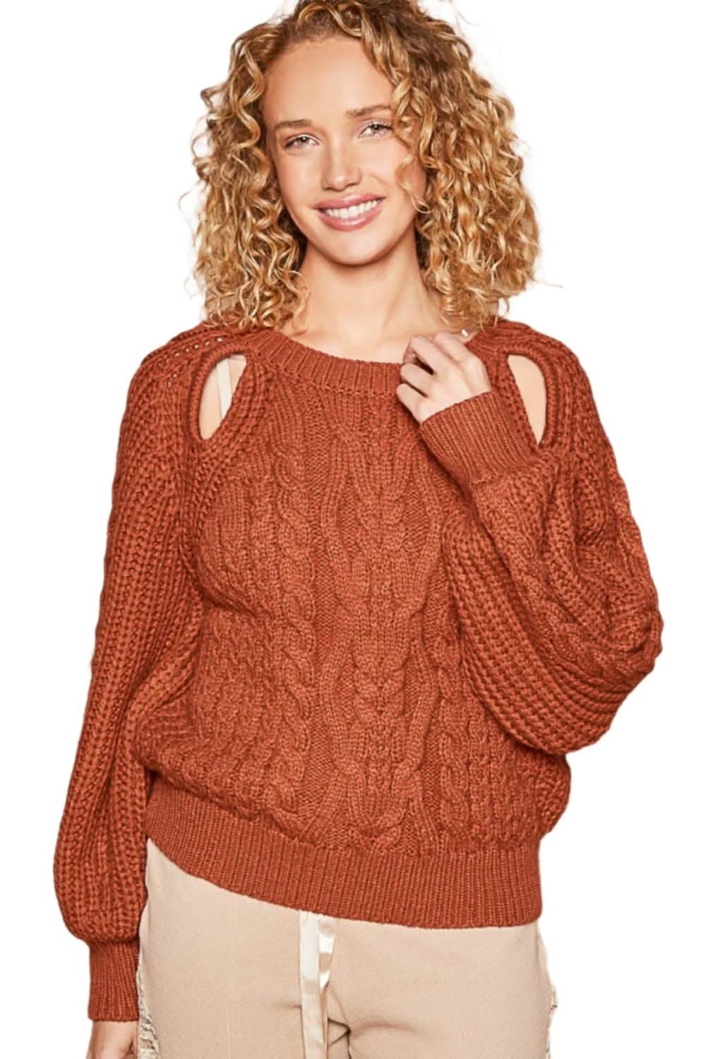 Chic cable knit long sleeve sweater with stylish cutout detail