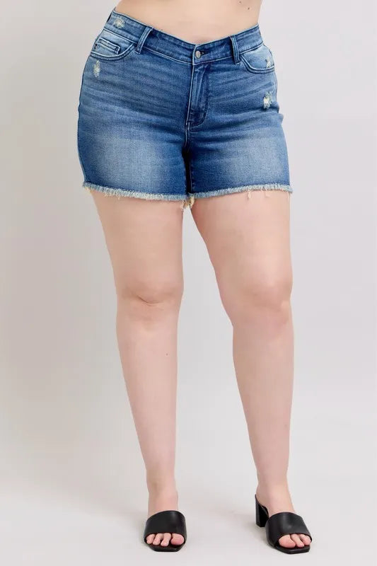 Judy Blue V Front Denim Shorts Shield Pockets Plus Size