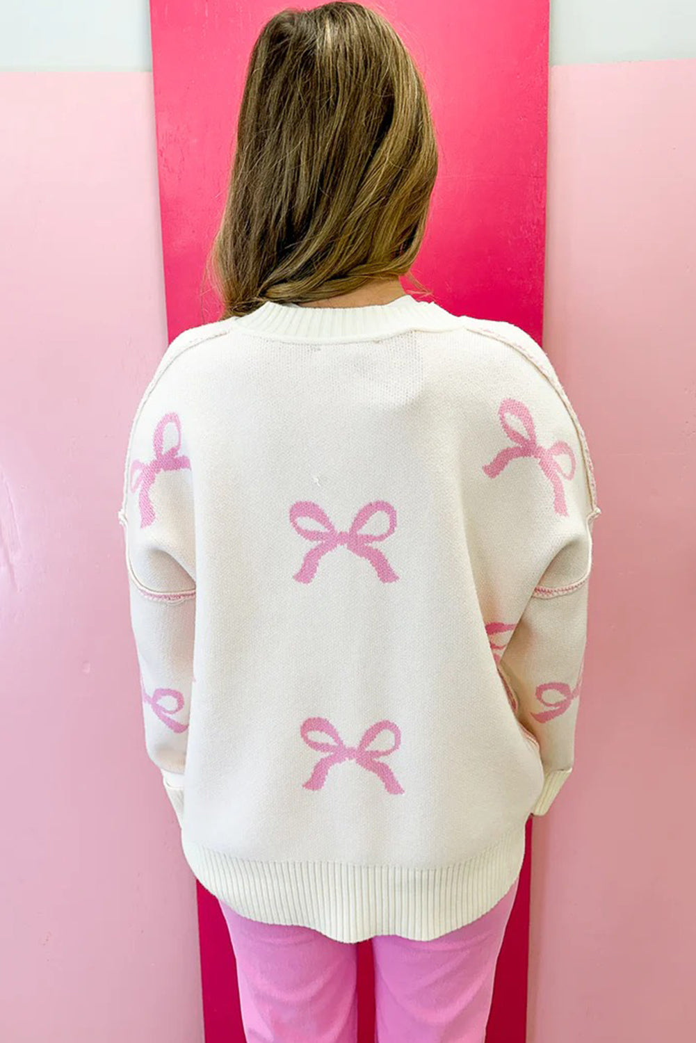 Pink Bow Print Ribbed Trim Drop Shoulder Loose Sweater