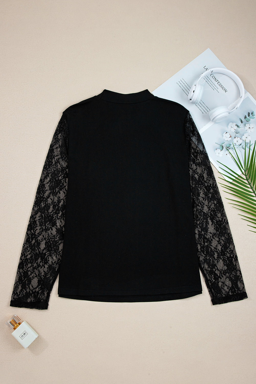 Black Plus Size Lace Patchwork Cutout Long Sleeve Top