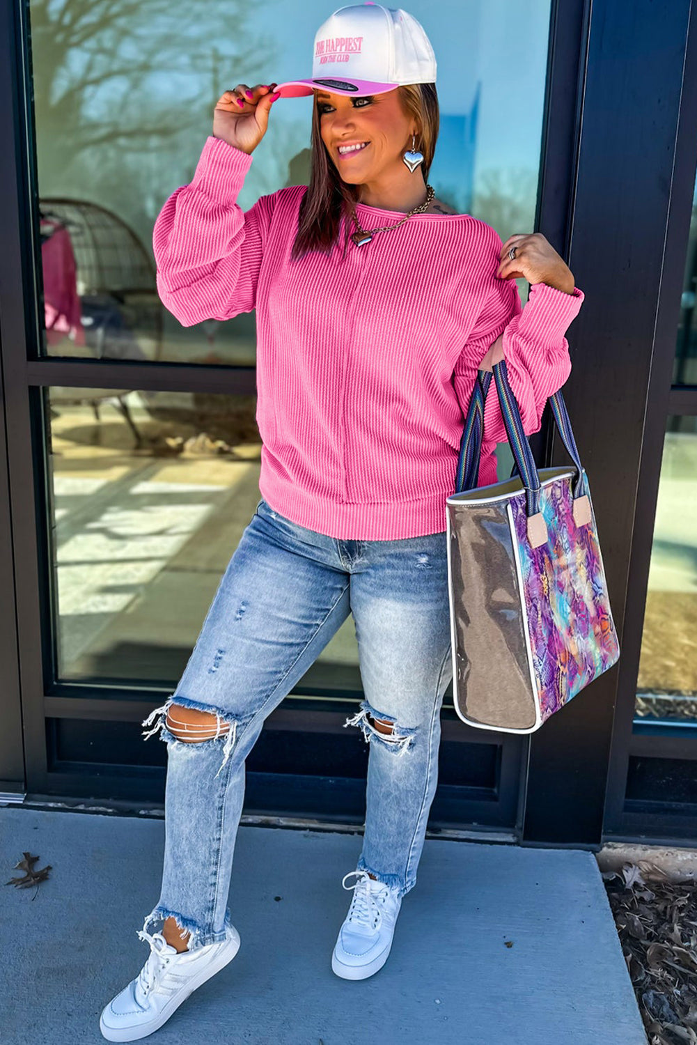 Bonbon Spiral Ribbed Exposed Seam Top Plus Size Long Sleeve