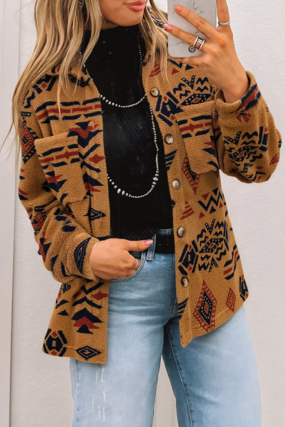 Premium Khaki Western Aztec Pattern Fleece Shacket For Cold Weather