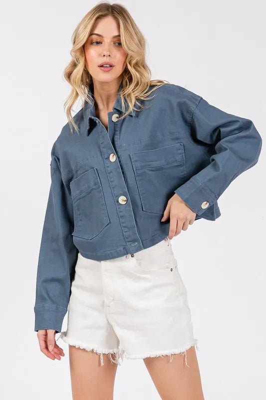 Bytos Button Down Cropped Denim Jacket With Patch Pockets