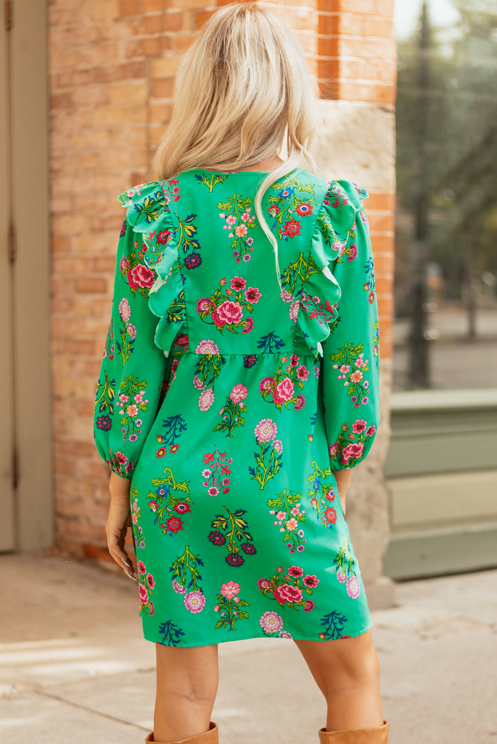Premium Green Floral Ruffled Three Quarter Sleeve Buttoned Dress