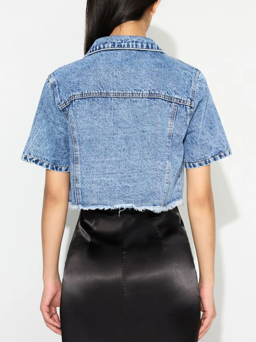 Cropped Short Sleeve Denim Jacket with Frayed Hem