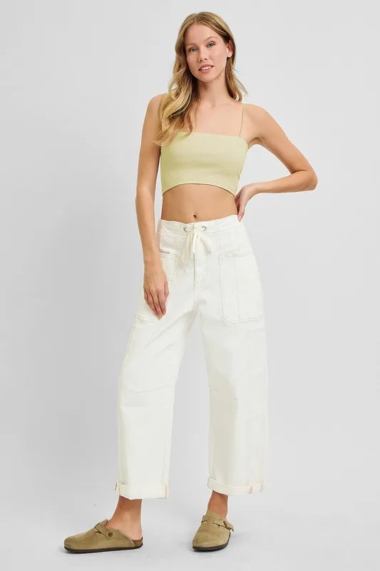 RISEN Plus White High Rise Crop Wide Barrel Cargo Jeans