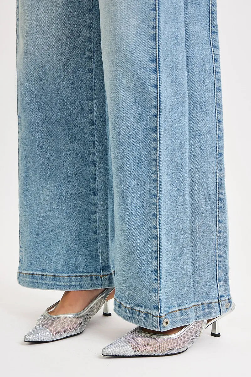 Risen Mid Rise Wide Barrel Transferable Leg Snap Jeans