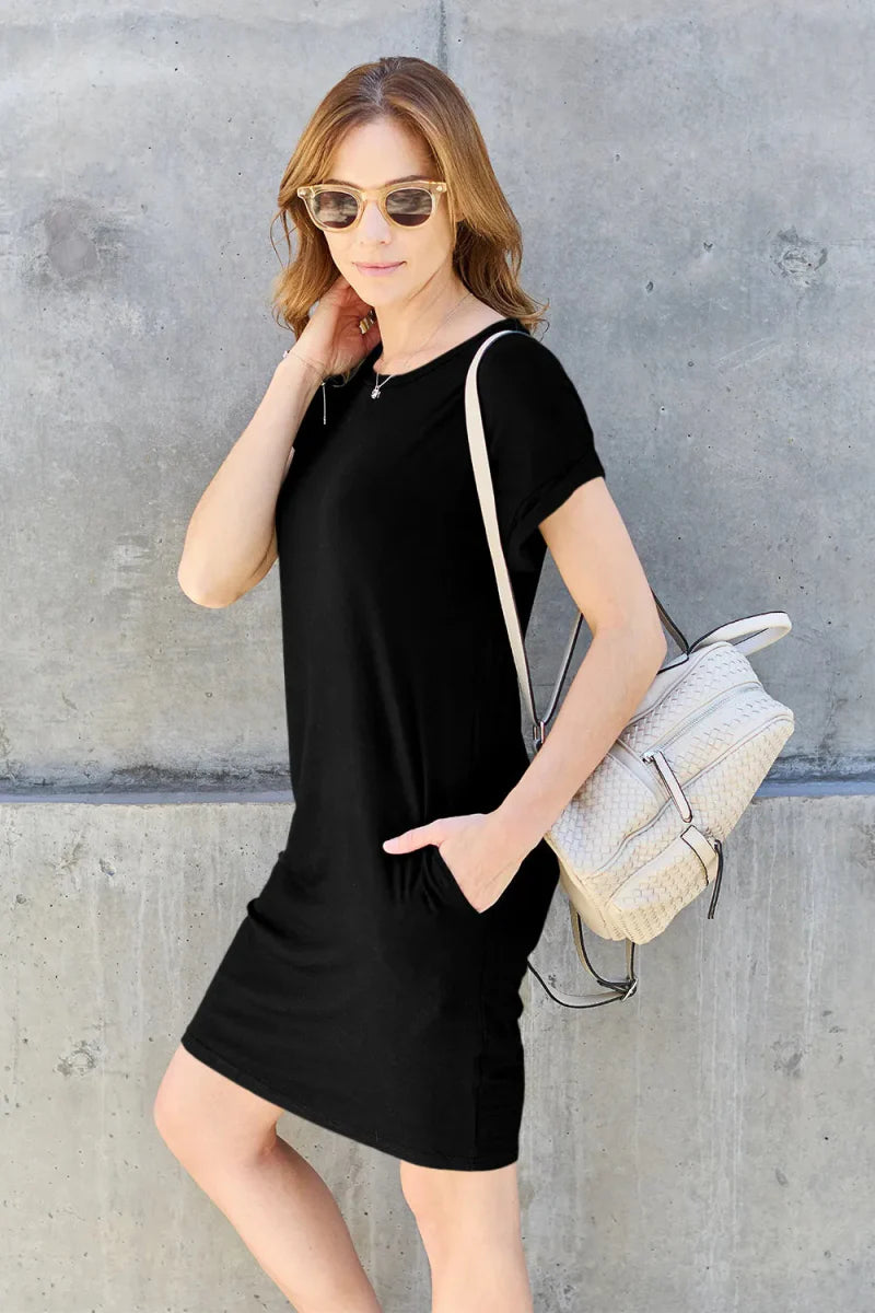 Trendsi Basic Bae Bamboo Dress Black Small Round Neck with Pockets
