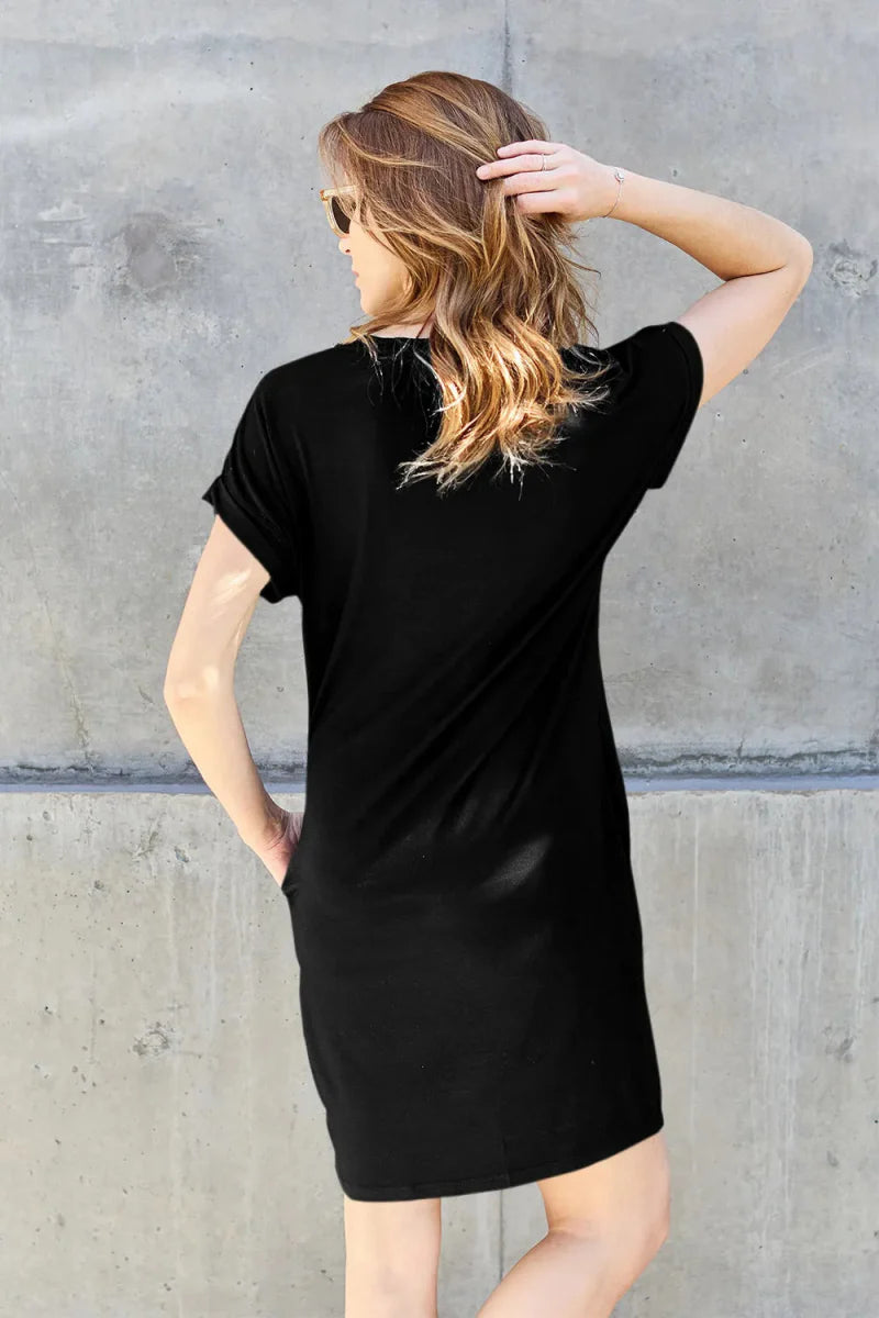 Trendsi Basic Bae Bamboo Dress Black Small Round Neck with Pockets
