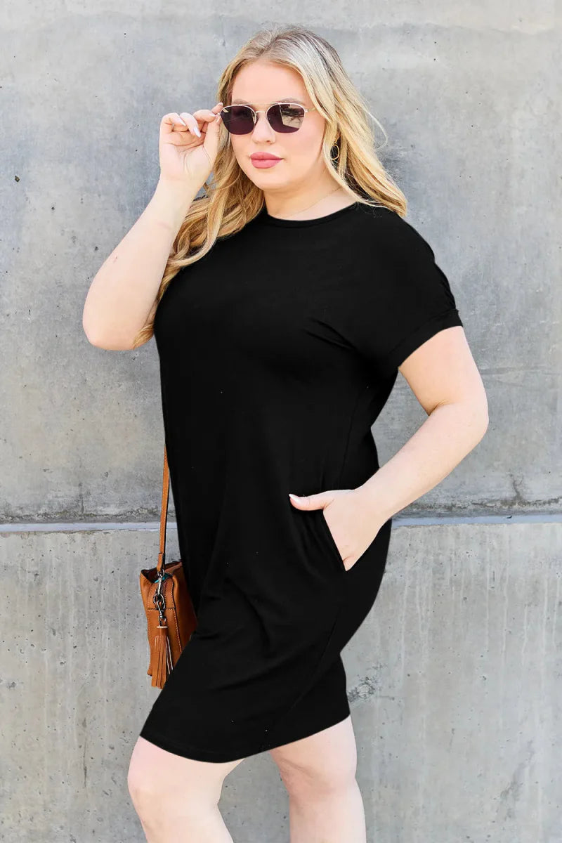 Trendsi Basic Bae Bamboo Dress Black Small Round Neck with Pockets