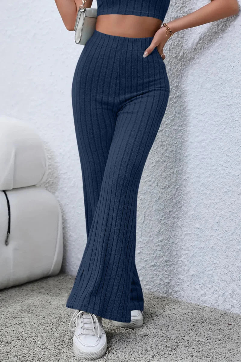Trendsi Basic Bae Full Size Ribbed High Waist Flare Pants