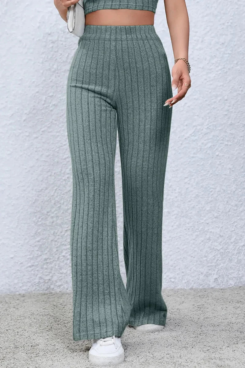 Trendsi Basic Bae Full Size Ribbed High Waist Flare Pants