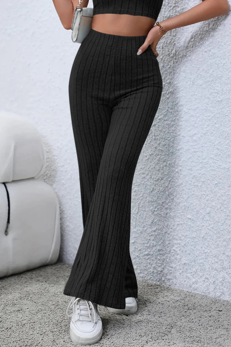 Trendsi Basic Bae Full Size Ribbed High Waist Flare Pants