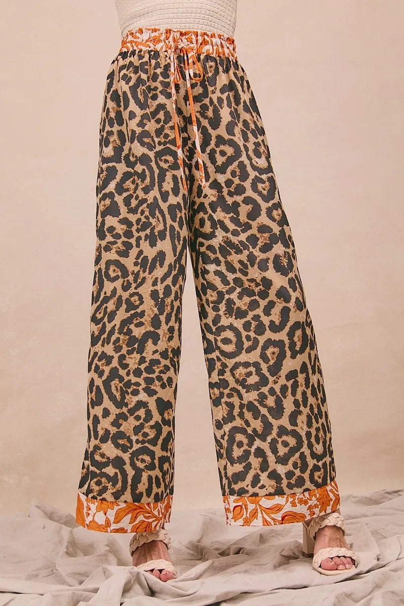 BiBi Leopard Print With Contrast Banded Wide Pants
