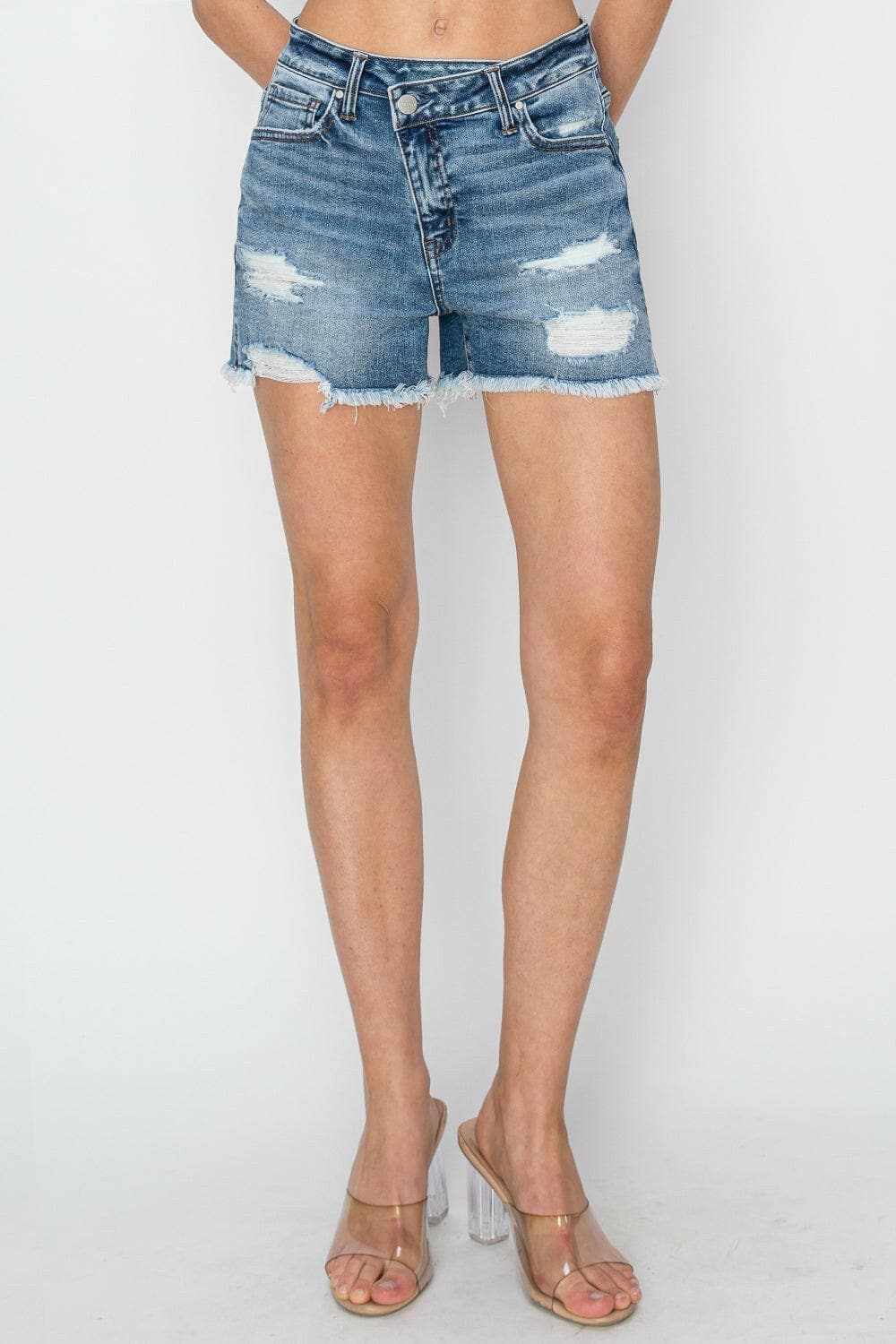 Premium Risen frayed denim shorts, stepped waist
