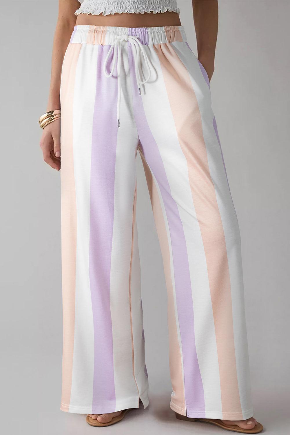 Purple Stripe Print Drawstring Loose Pants With Pockets