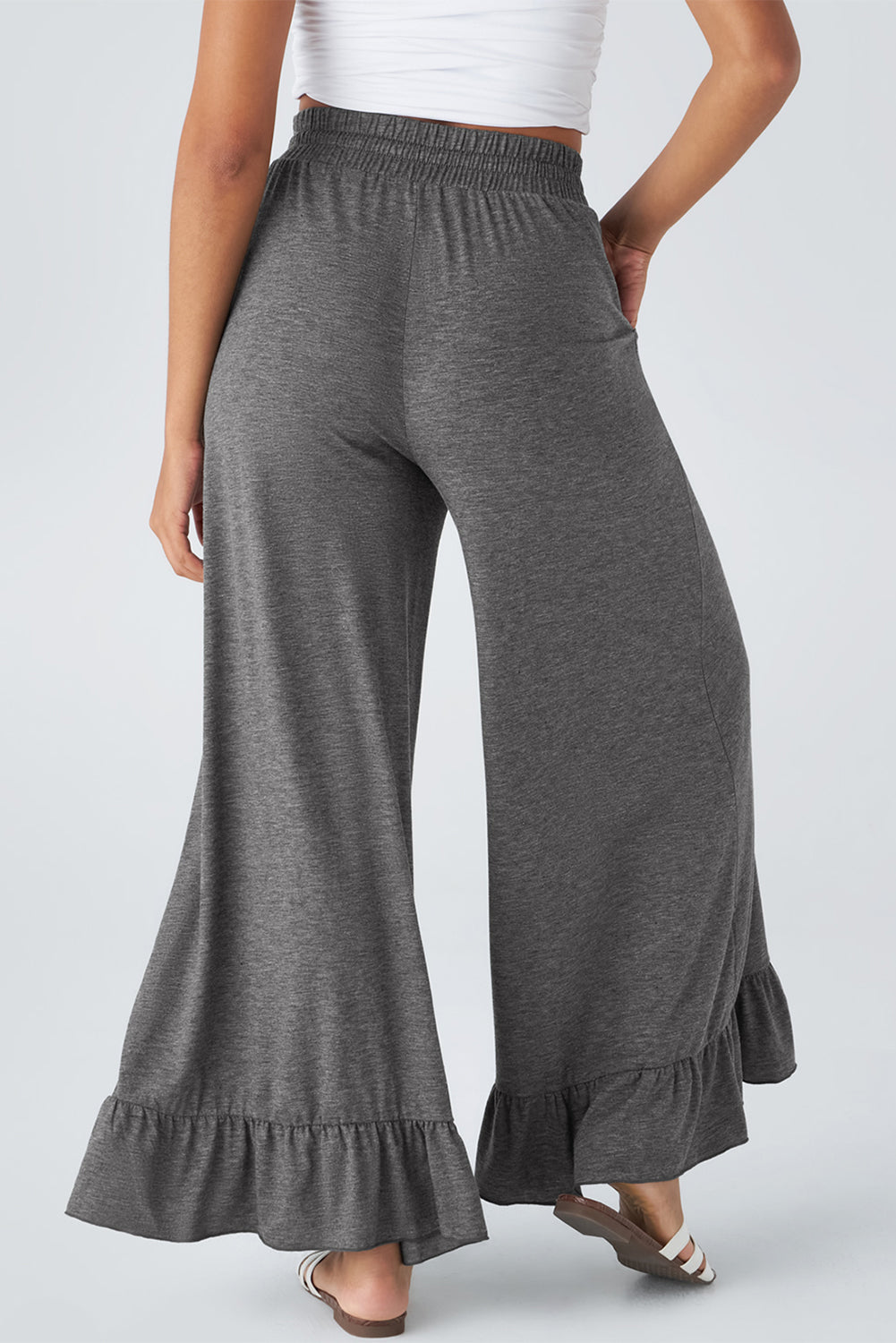 Medium Grey Ruffled Wide Leg High Waist Pants With Pockets
