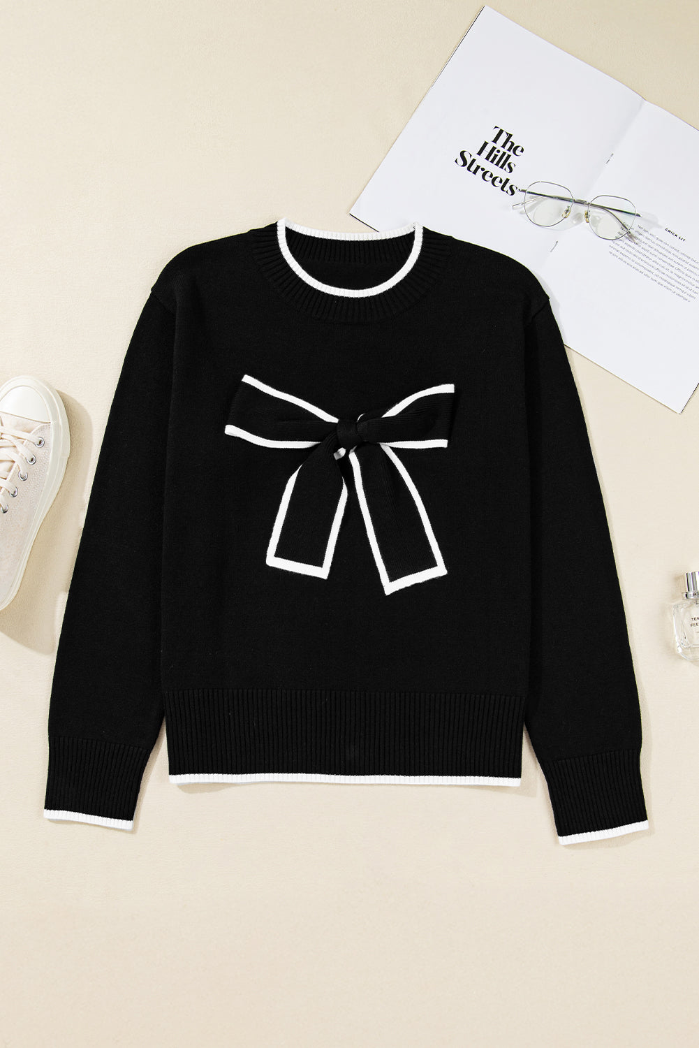 Black Contrast Trim Big Bow Accent Holiday Cropped Sweater