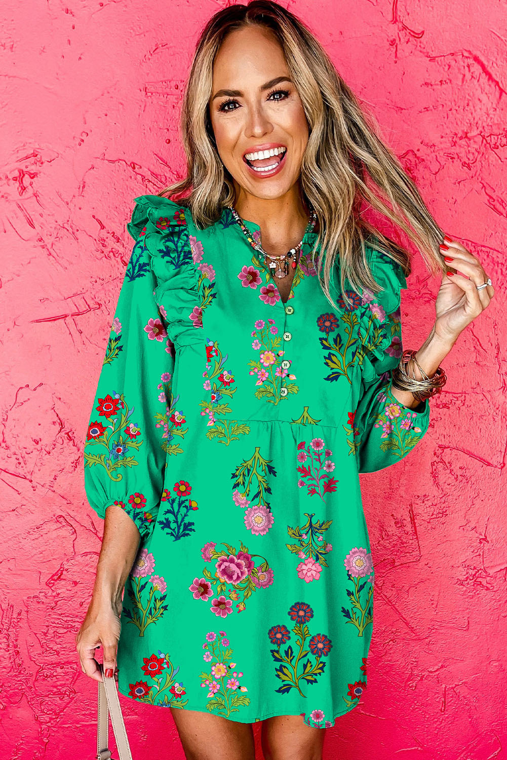 Premium Green Floral Ruffled Three Quarter Sleeve Buttoned Dress