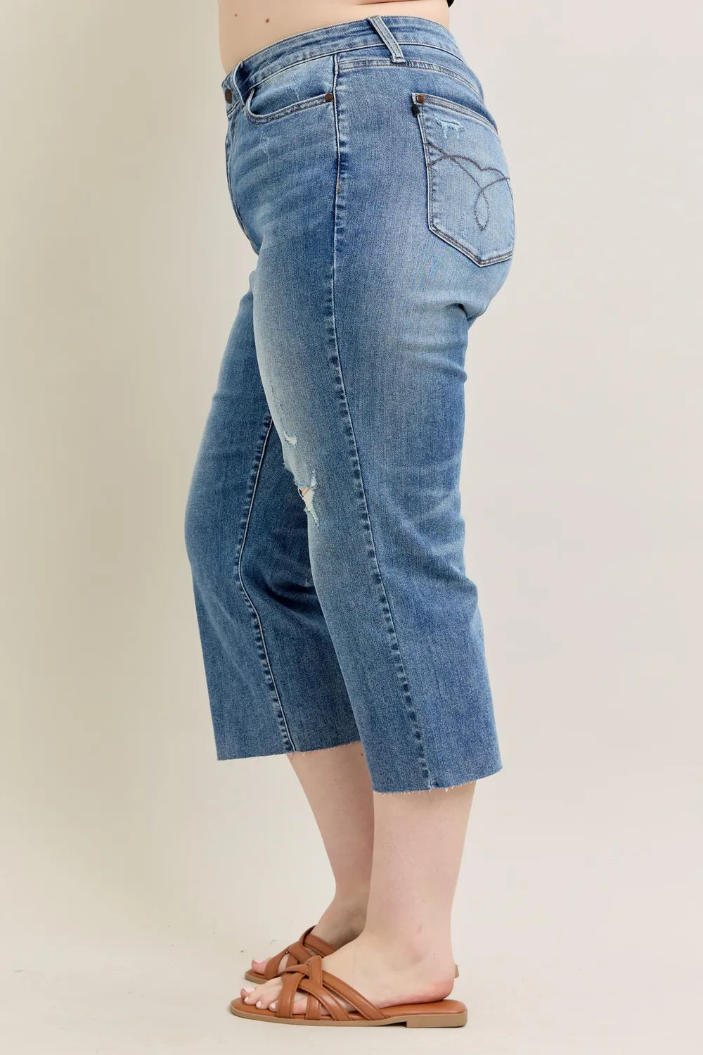 Judy Blue Plus Size High Waist Back Destroyed Raw Cut Hem Crop Wide Leg Jeans