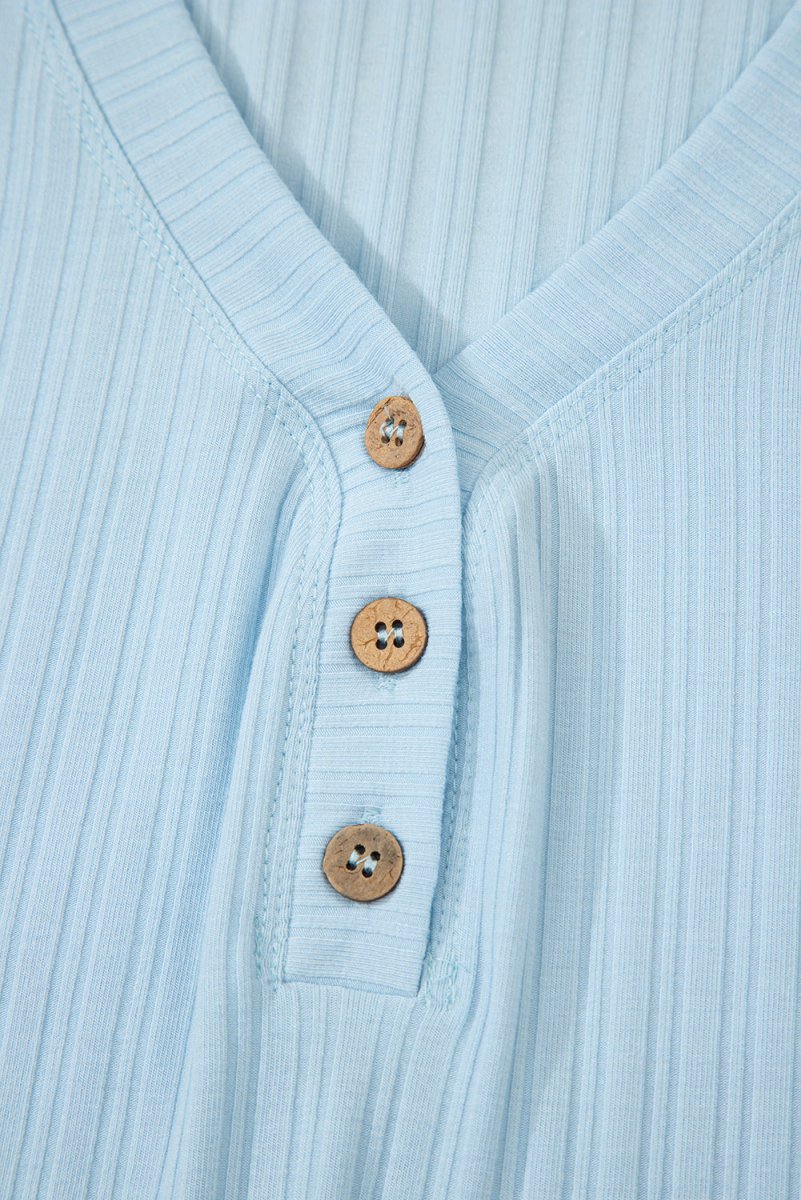 Love Salve  Beau Blue Ribbed Button V Neck Tank Top and