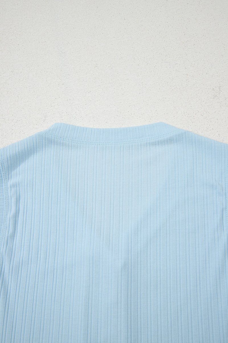 Love Salve  Beau Blue Ribbed Button V Neck Tank Top and