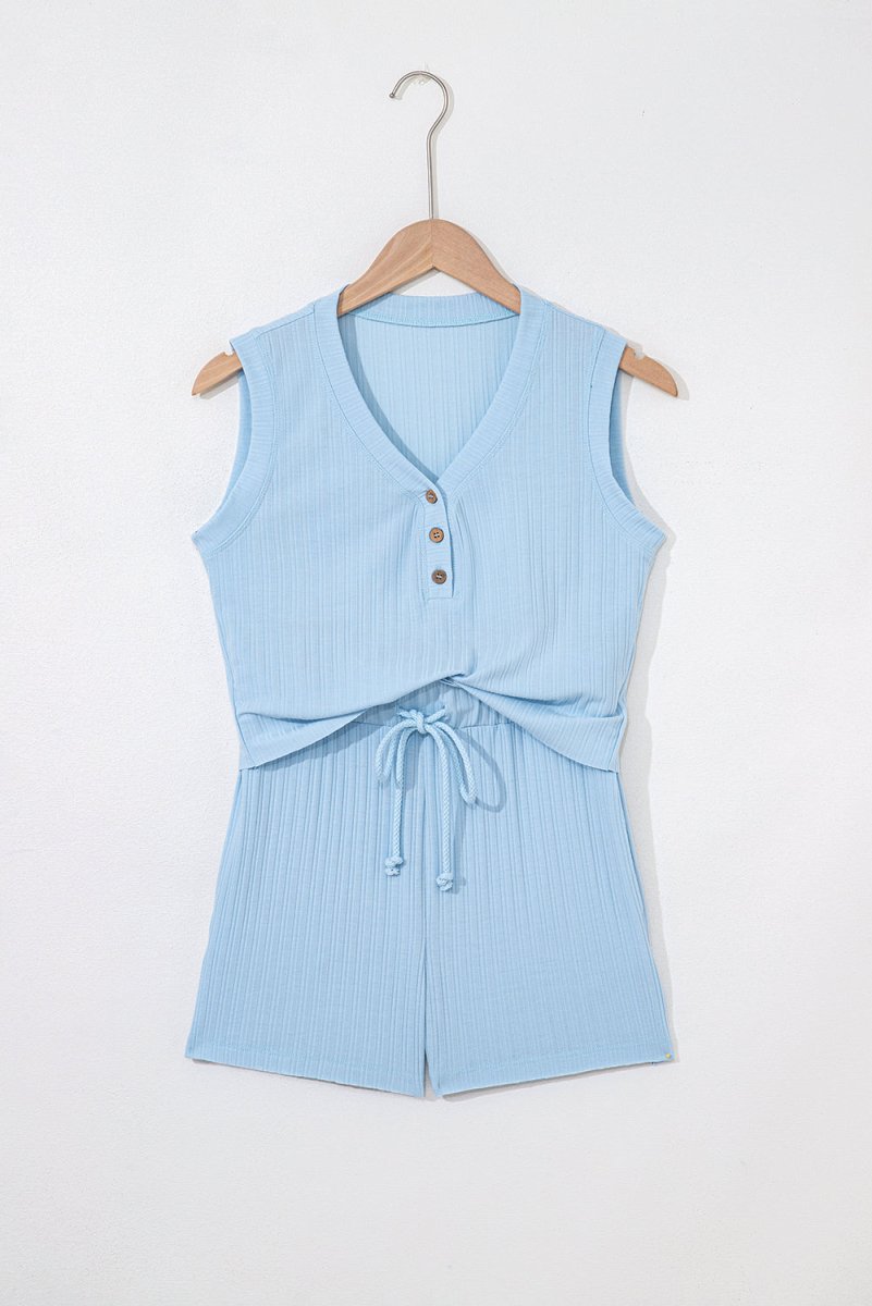 Love Salve  Beau Blue Ribbed Button V Neck Tank Top and