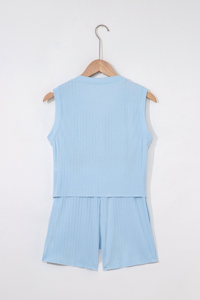 Love Salve  Beau Blue Ribbed Button V Neck Tank Top and