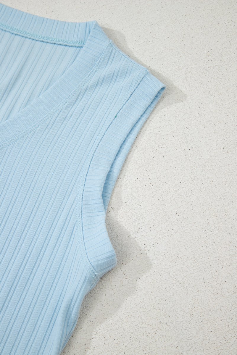 Love Salve  Beau Blue Ribbed Button V Neck Tank Top and