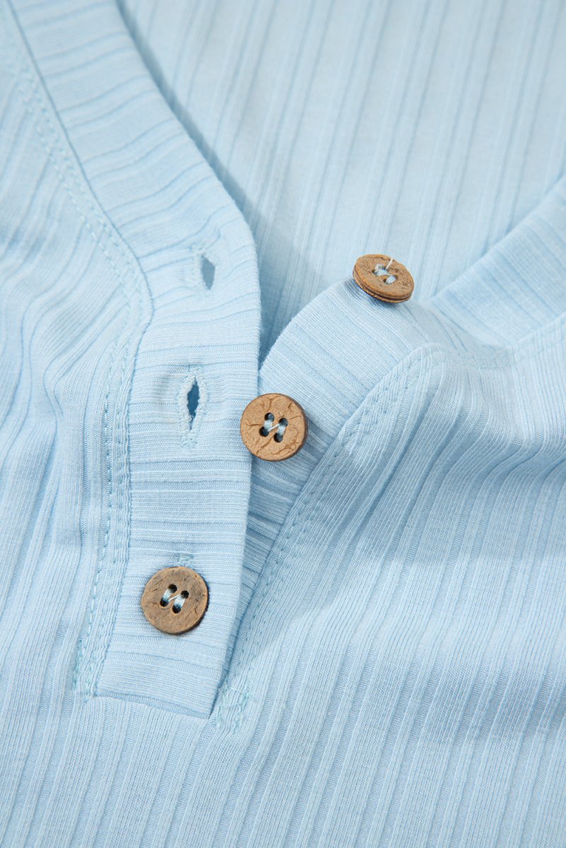 Love Salve  Beau Blue Ribbed Button V Neck Tank Top and