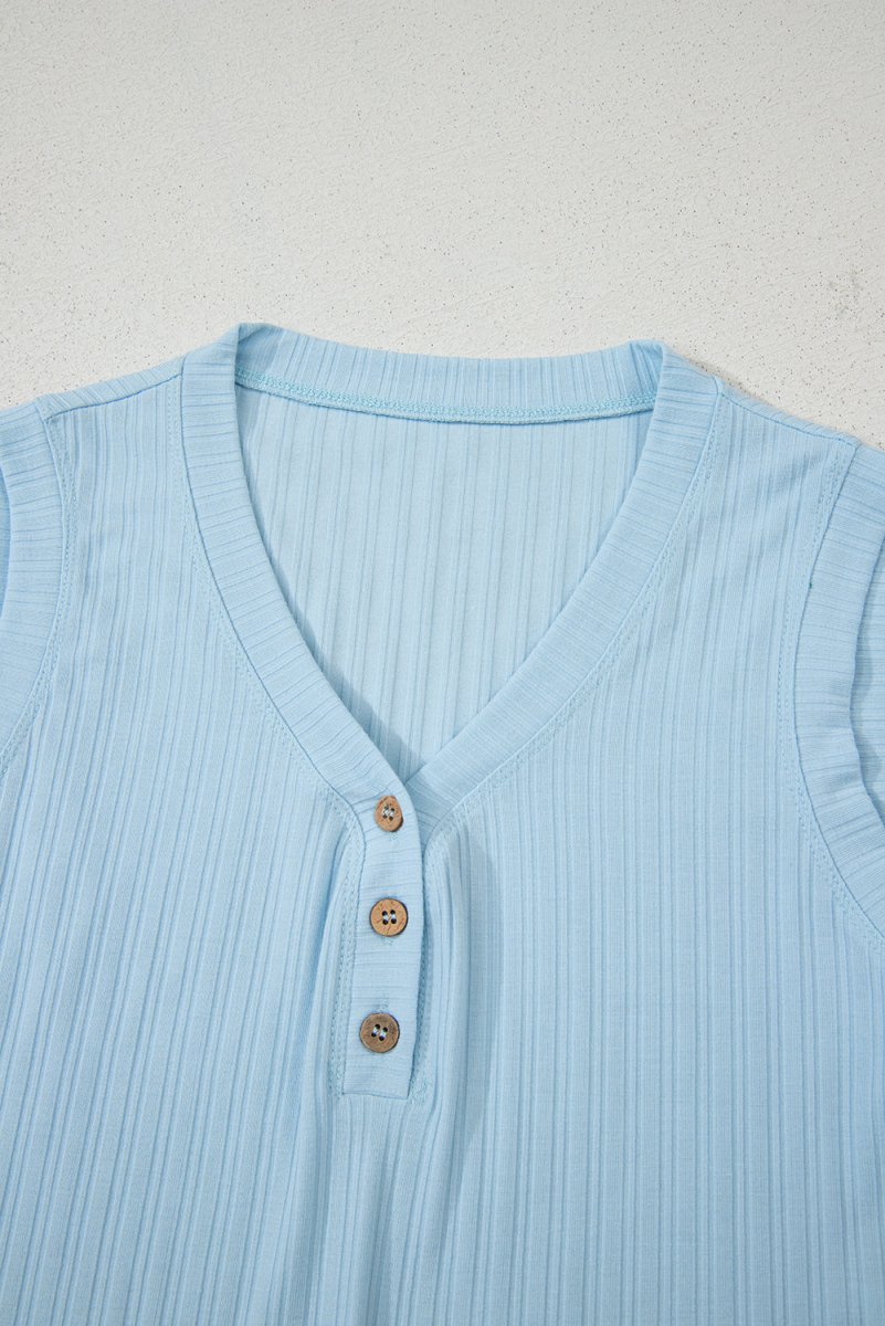 Love Salve  Beau Blue Ribbed Button V Neck Tank Top and