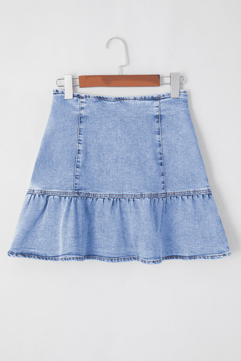 Love Salve  Beau Blue Ruffled Asymmetric Denim Mini Skirt