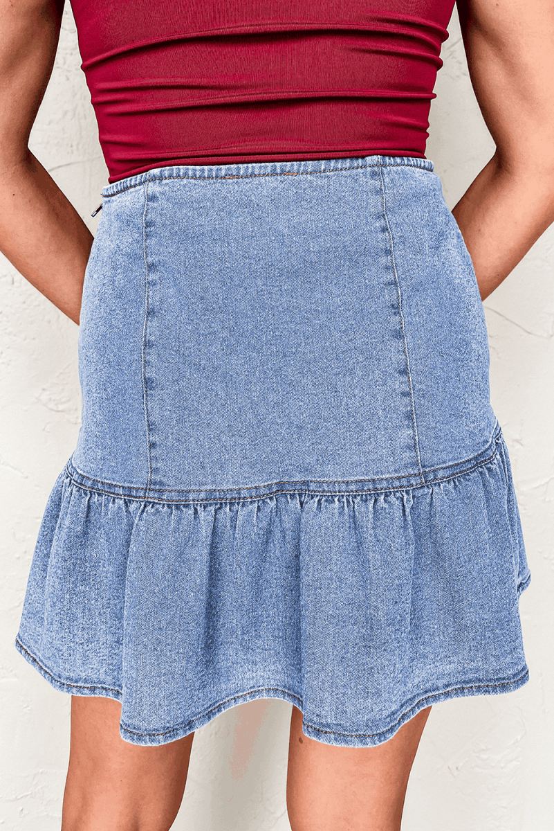 Love Salve  Beau Blue Ruffled Asymmetric Denim Mini Skirt