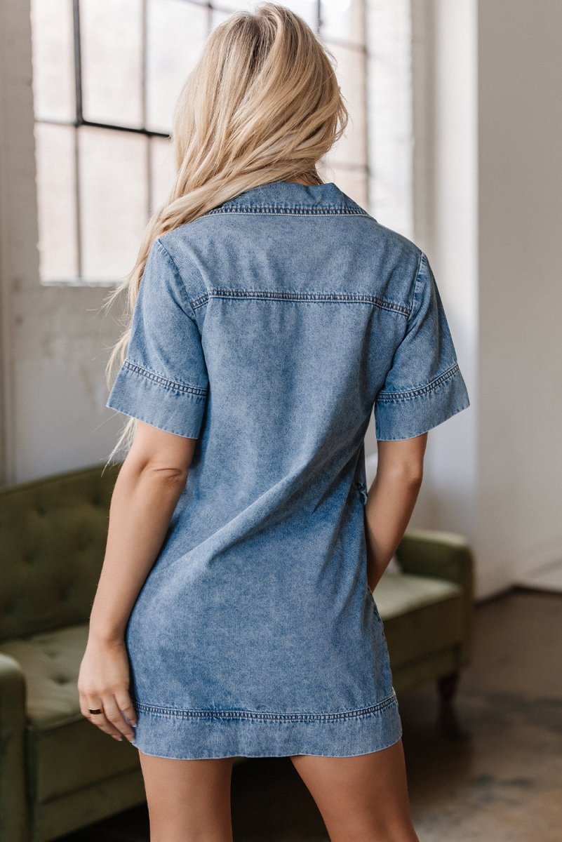 Love Salve  Beau Blue Short Sleeve Collared Patched Pocket