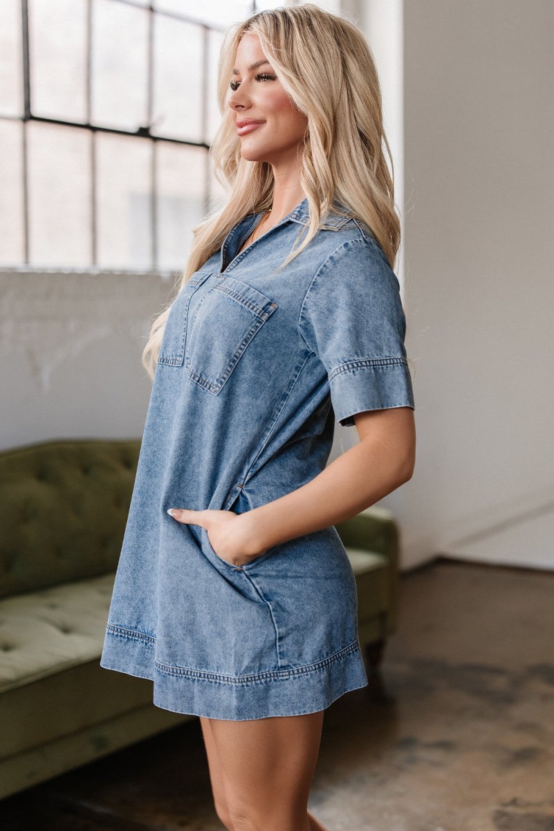 Love Salve  Beau Blue Short Sleeve Collared Patched Pocket