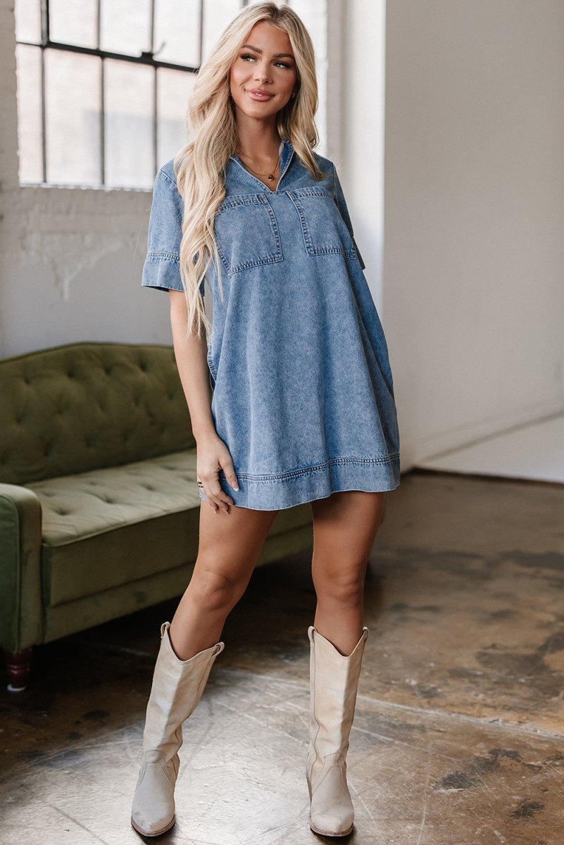 Love Salve  Beau Blue Short Sleeve Collared Patched Pocket
