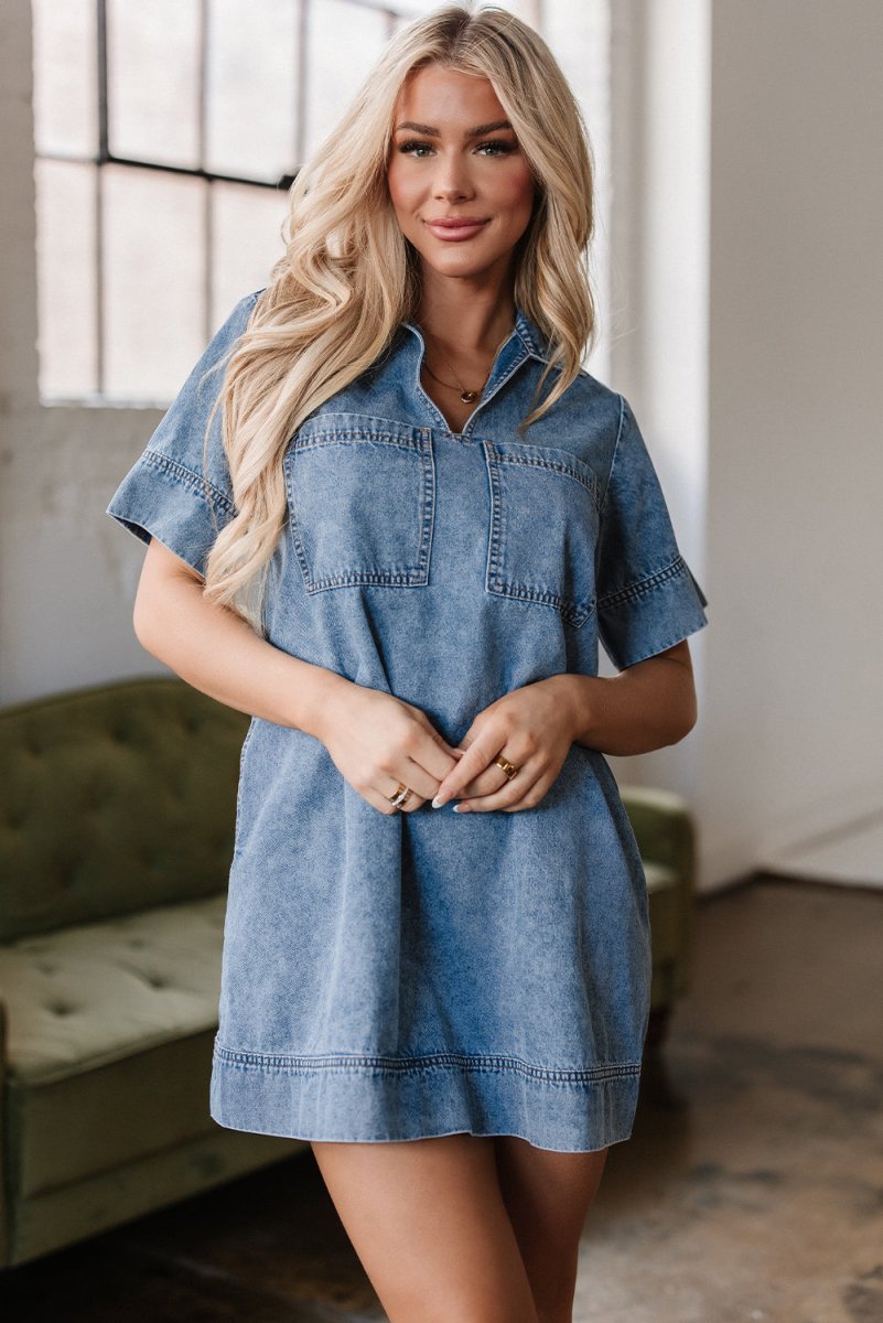 Love Salve  Beau Blue Short Sleeve Collared Patched Pocket