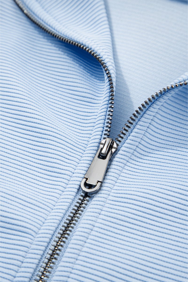 Love Salve  Beau Blue Textured Ruffled Sleeve Zipped Top And