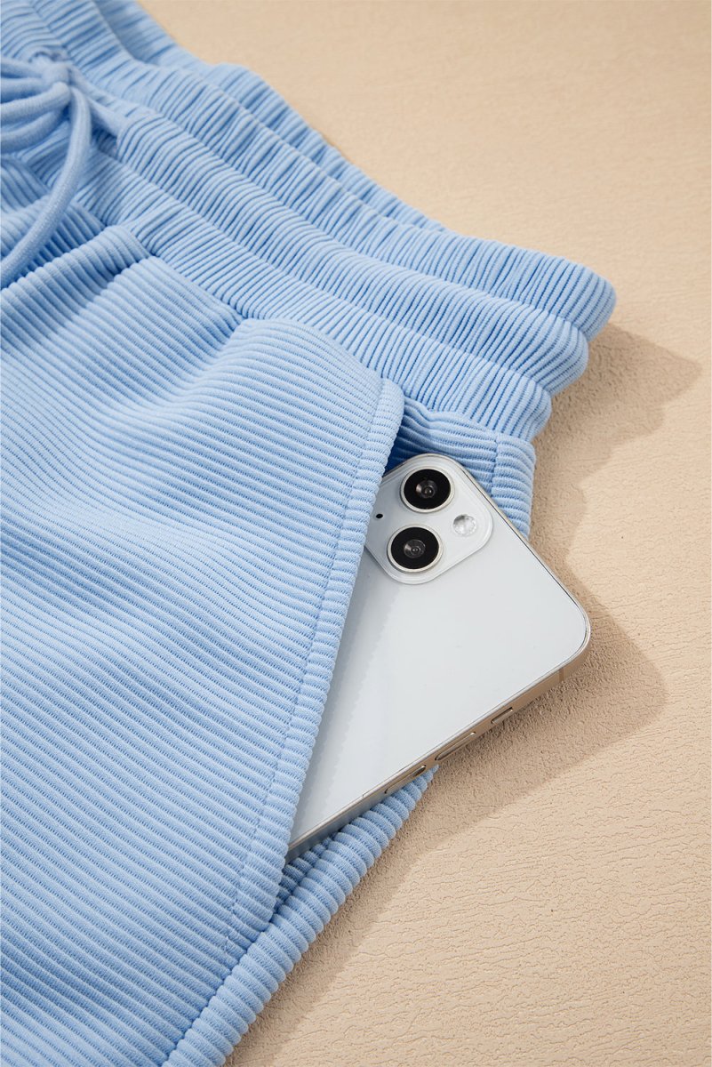 Love Salve  Beau Blue Textured Ruffled Sleeve Zipped Top And