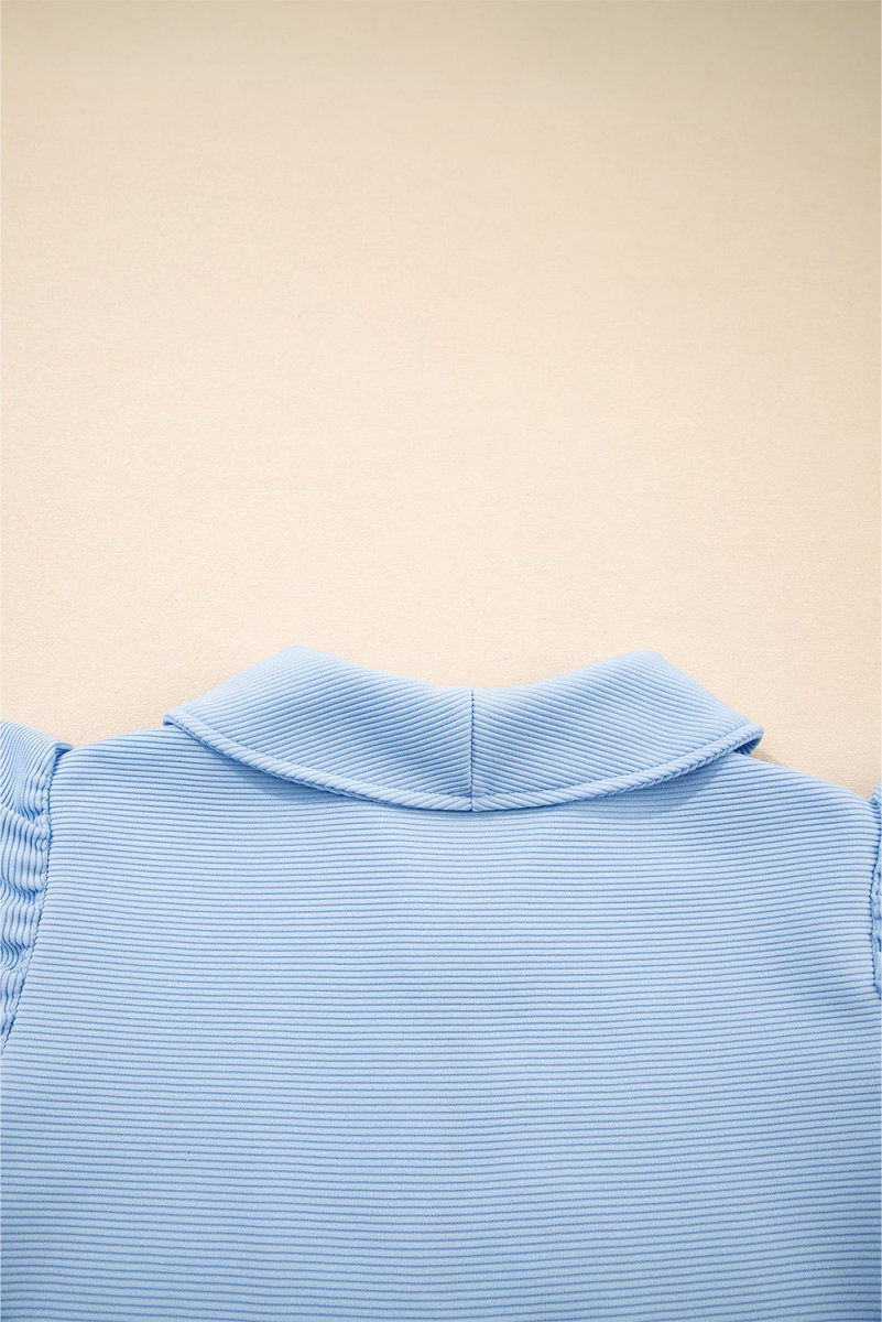 Love Salve  Beau Blue Textured Ruffled Sleeve Zipped Top And