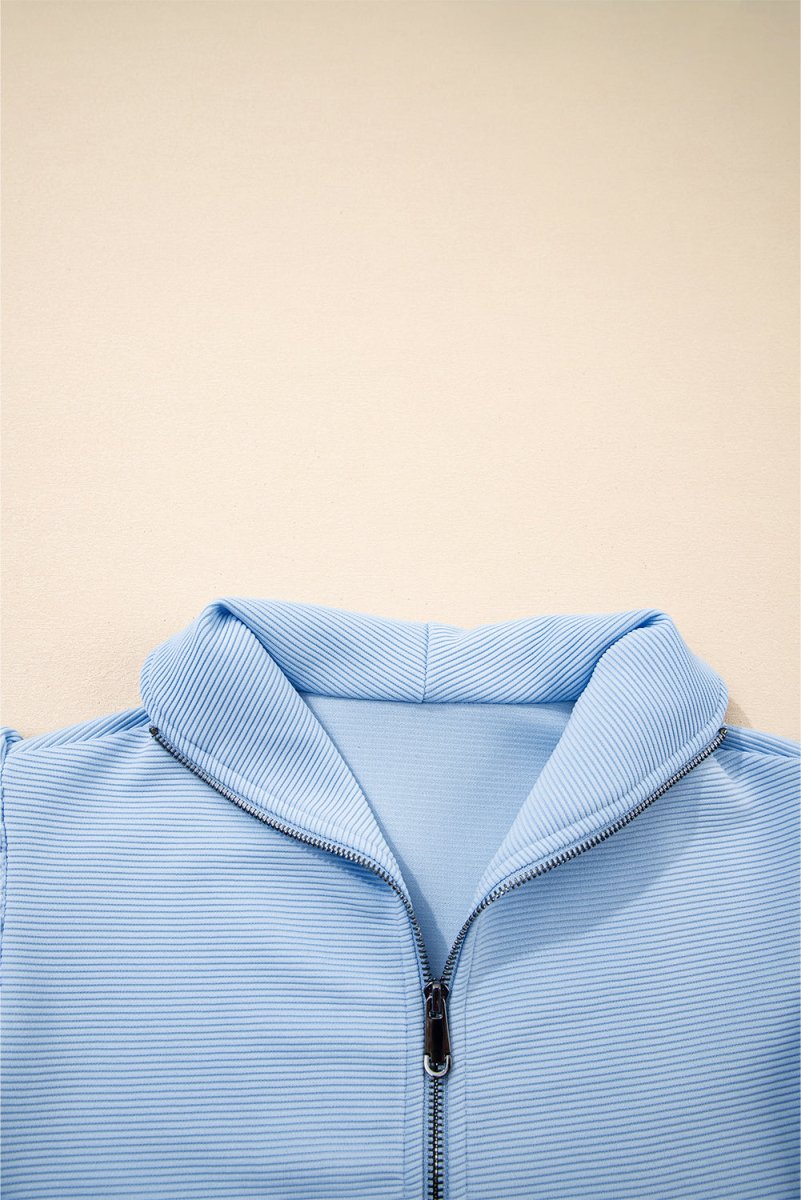 Love Salve  Beau Blue Textured Ruffled Sleeve Zipped Top And