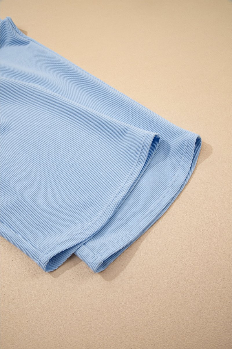 Love Salve  Beau Blue Textured Ruffled Sleeve Zipped Top And