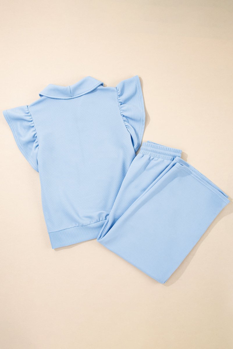 Love Salve  Beau Blue Textured Ruffled Sleeve Zipped Top And