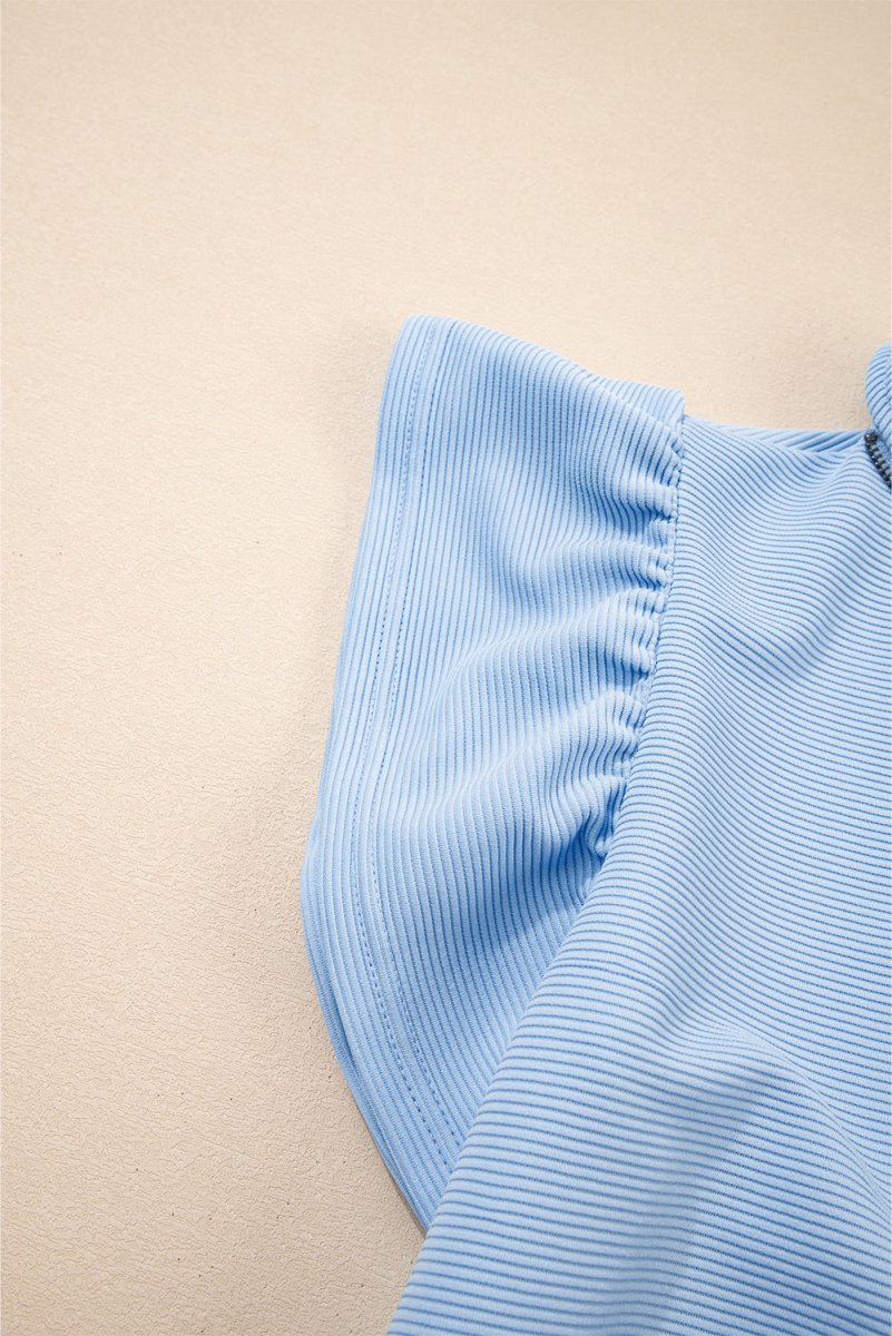 Love Salve  Beau Blue Textured Ruffled Sleeve Zipped Top And