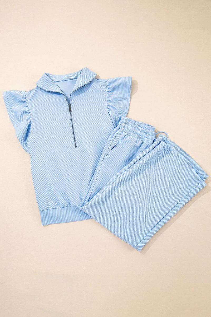 Love Salve  Beau Blue Textured Ruffled Sleeve Zipped Top And